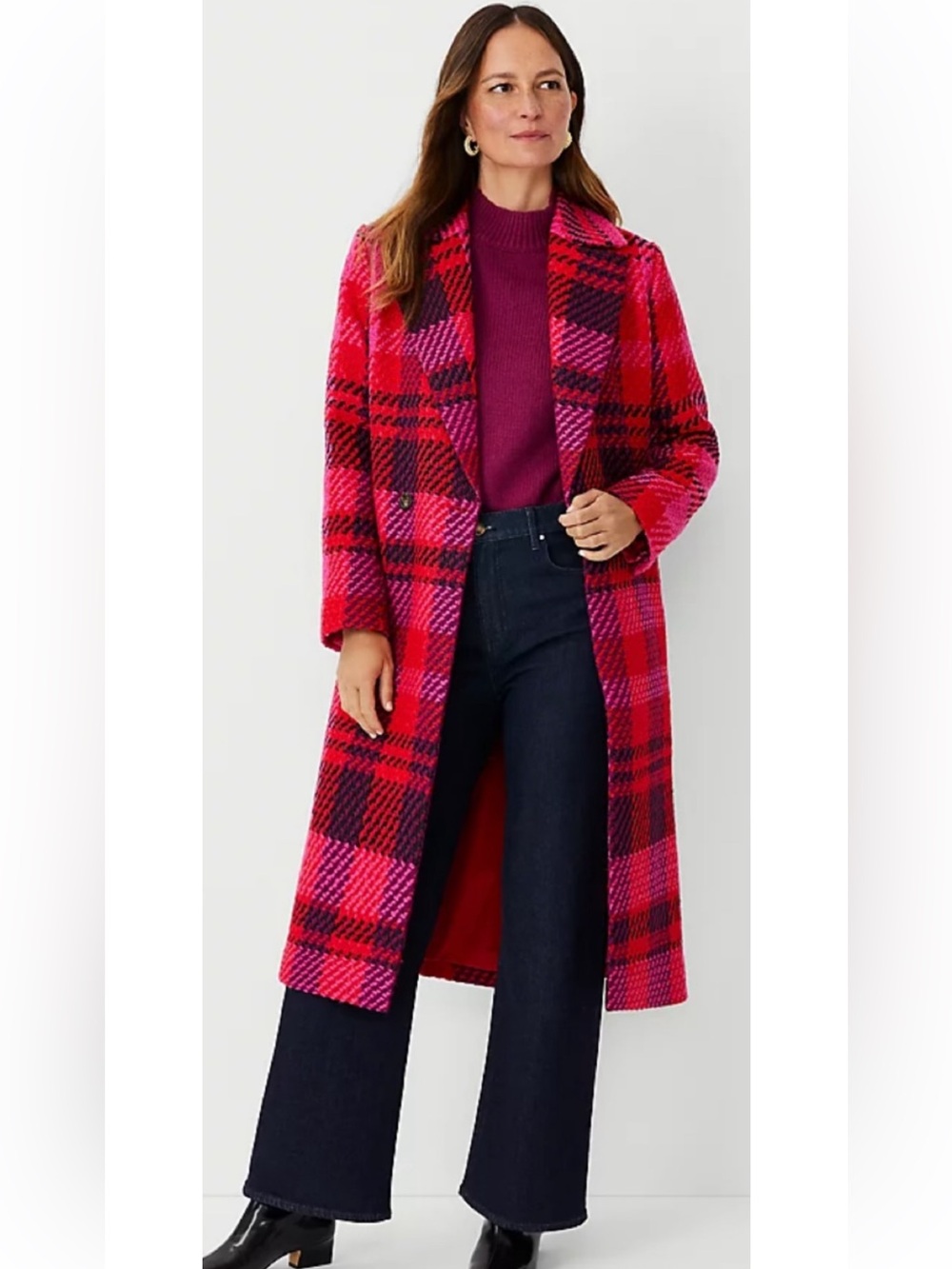 EUC Ann Taylor Petite Plaid Long Double Breasted Coat in Jubilee